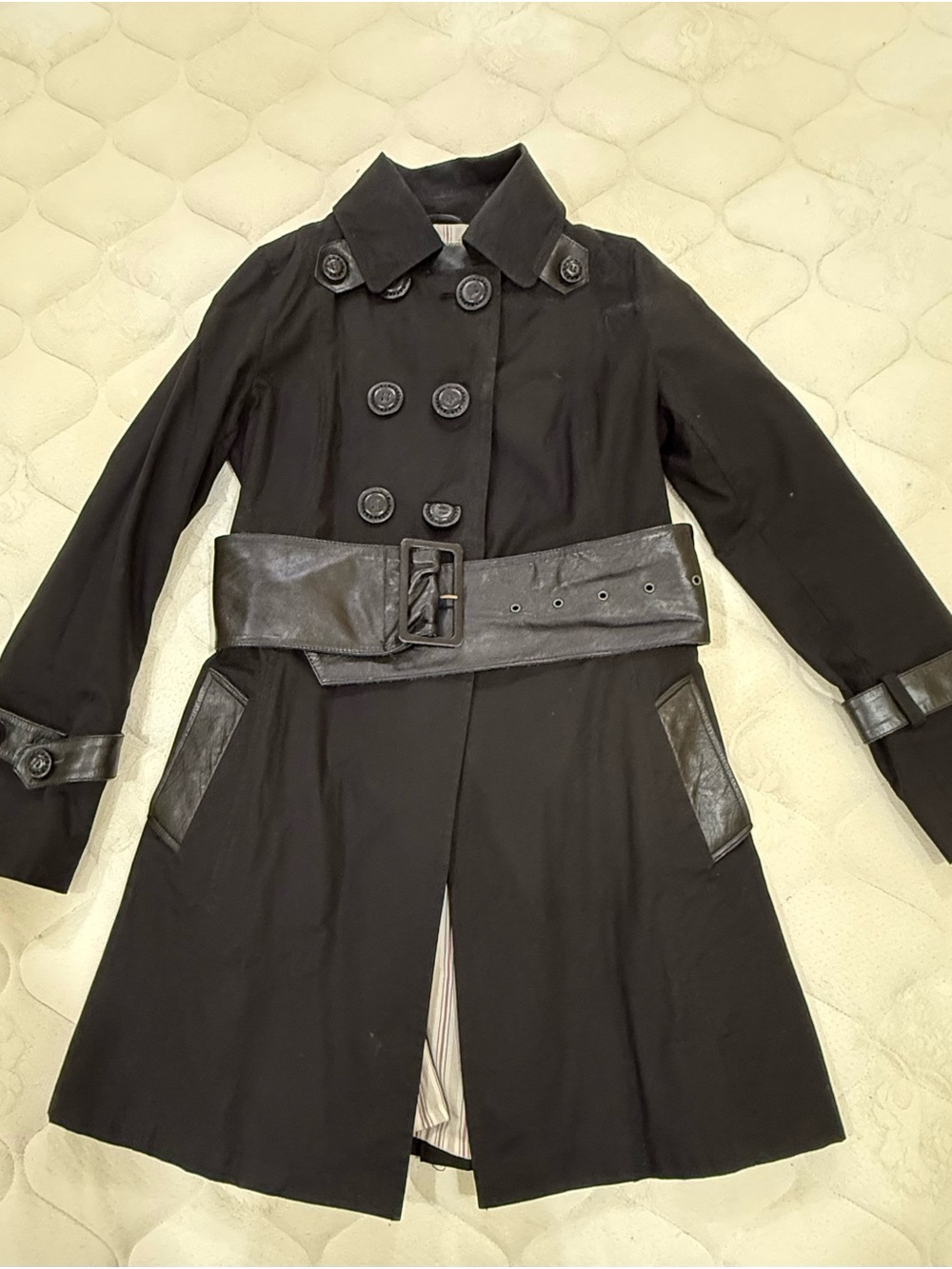 Mackage Black Double-Breasted Trench Coat with Leather Accents